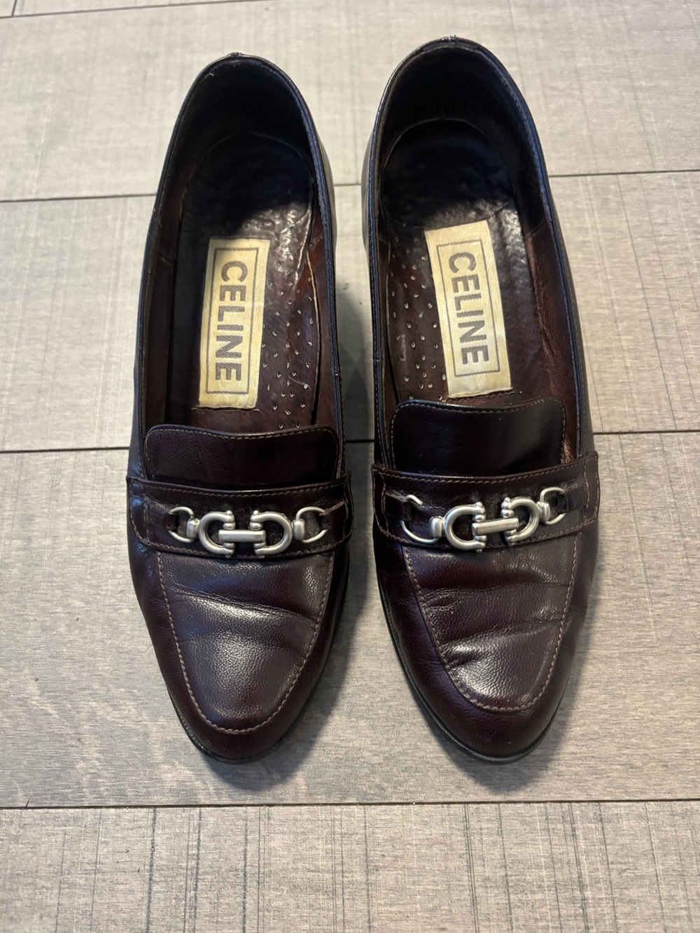 🦋Celine🦋Vintage Brown Leather Bit-Detail Kitten Heels with Chain Accents